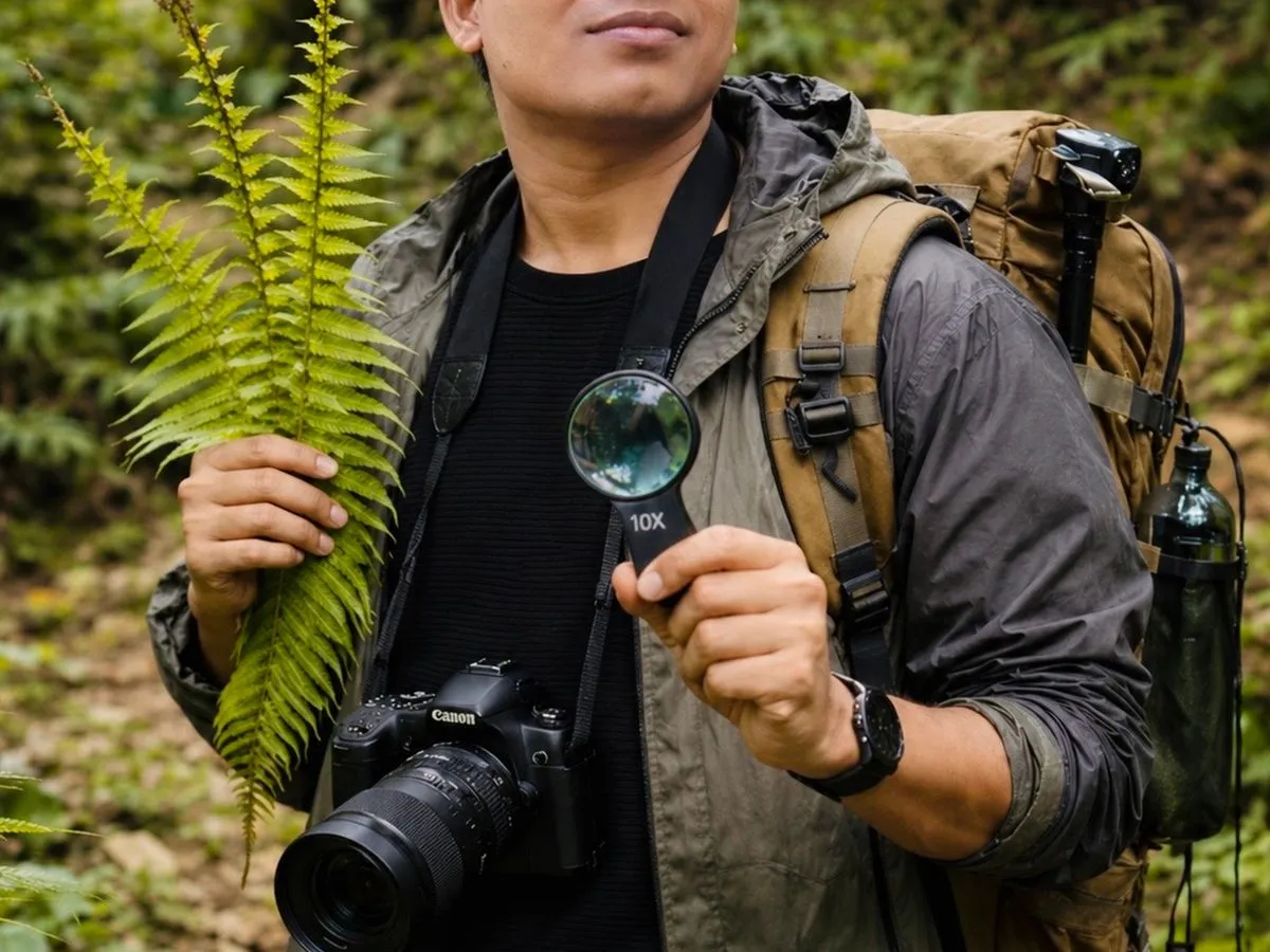 Investigador observando una hoja con lupa en el bosque
